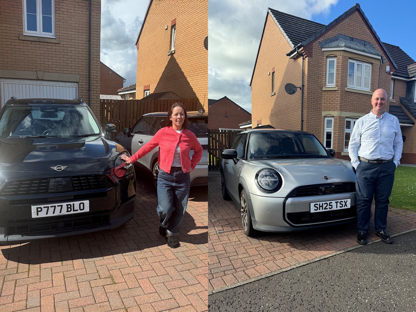 Couple standing next to a classic MINI parked outside their home